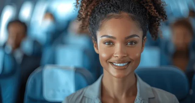 A smiling African American female flight attendant stands in an airplane cabin with passengers seated in the background.