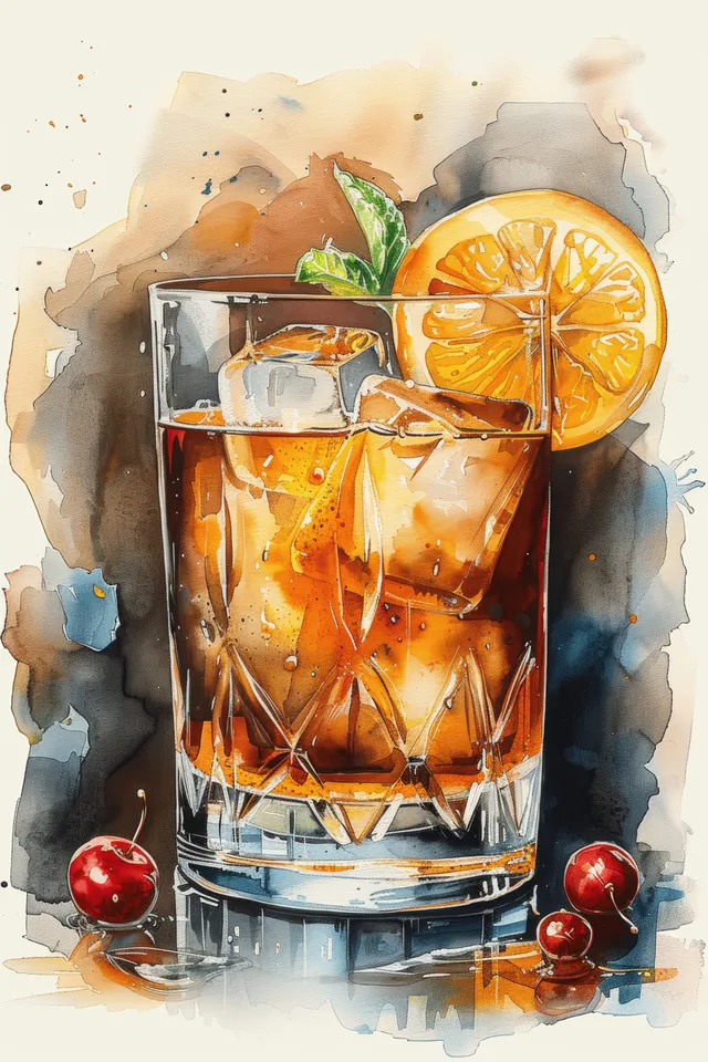 Watercolor old fashioned cocktail in a glass with orange slice, cherries, and visible ice cubes and citrus splash.
