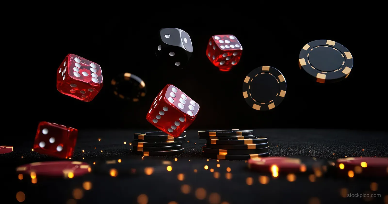 Red dice and poker chips float above a black casino table under a dramatic spotlight.
