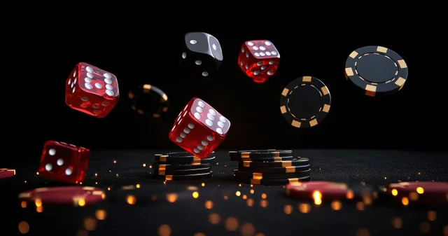 Red dice and poker chips float above a black casino table under a dramatic spotlight.