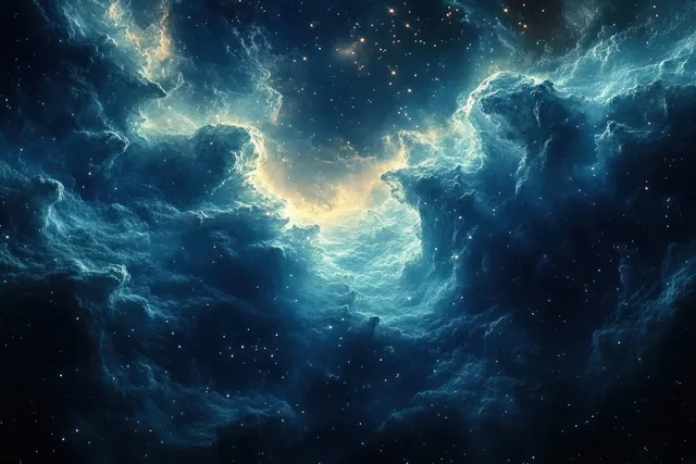 Swirling blue nebula clouds glow around bright stars with radiating light rays in deep space.