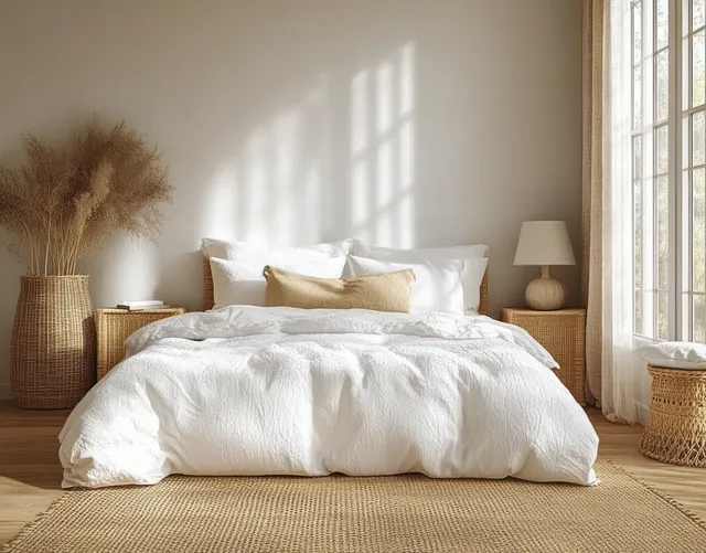 Minimalist bedroom interior with white bedding, rattan armchair, woven baskets, and soft daylight from tall windows.