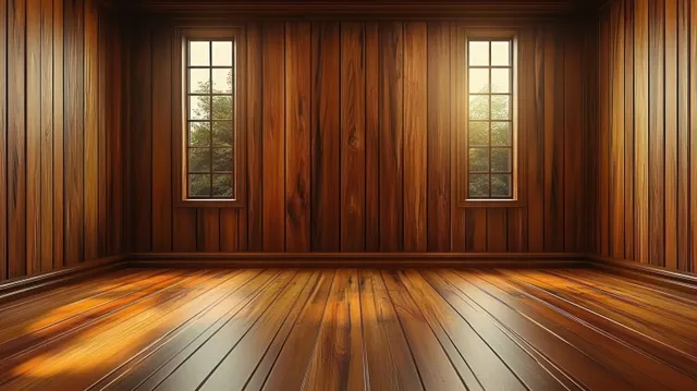 Empty wooden room with polished floor and two tall windows casting soft daylight reflections.