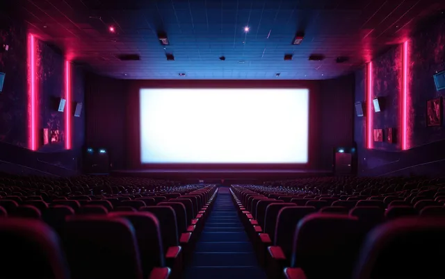 Empty cinema auditorium with red seats facing a large blank screen under purple and pink neon lighting.