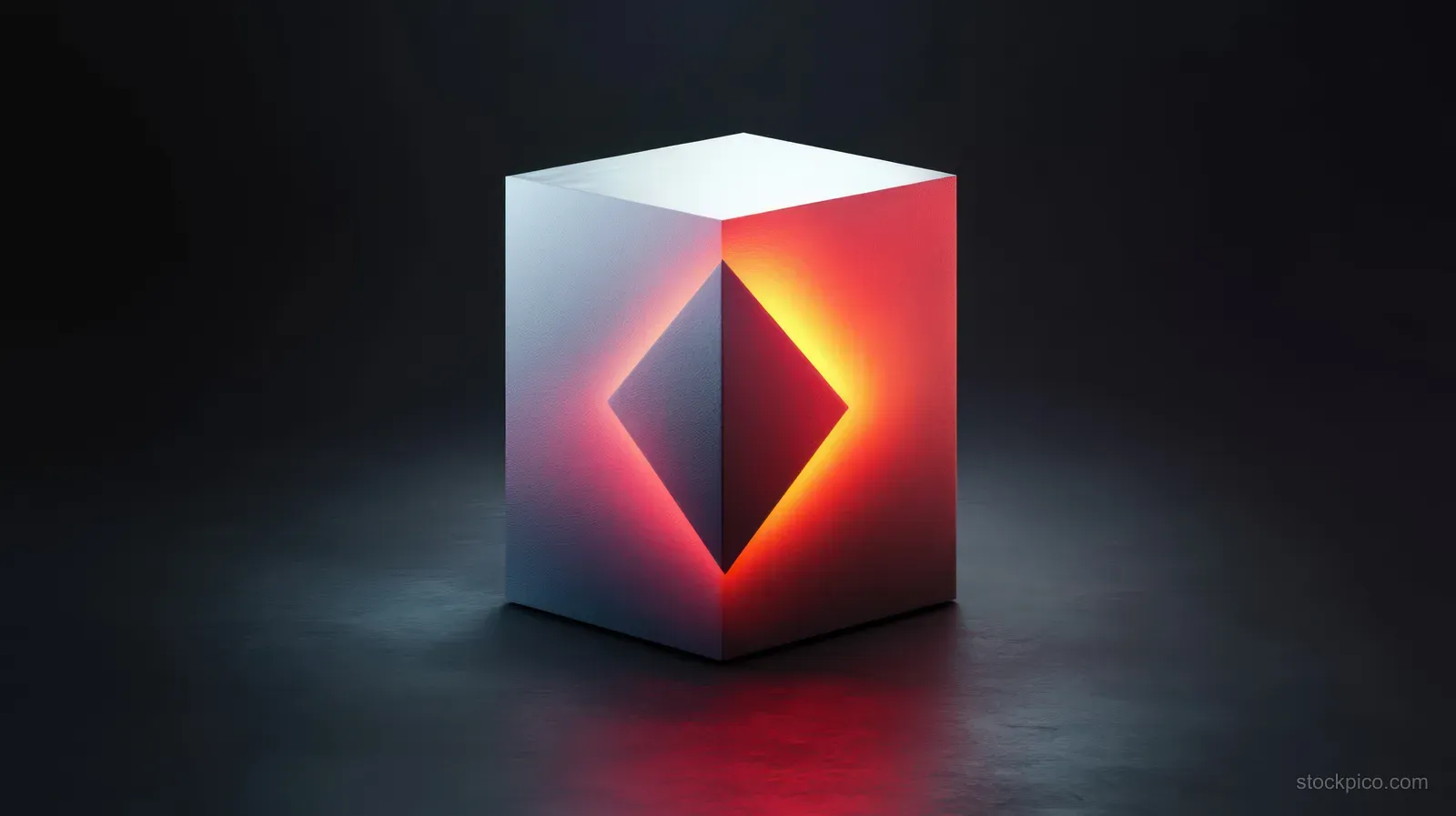 A glowing 3D cube with a red diamond cutout sits on a dark reflective surface.