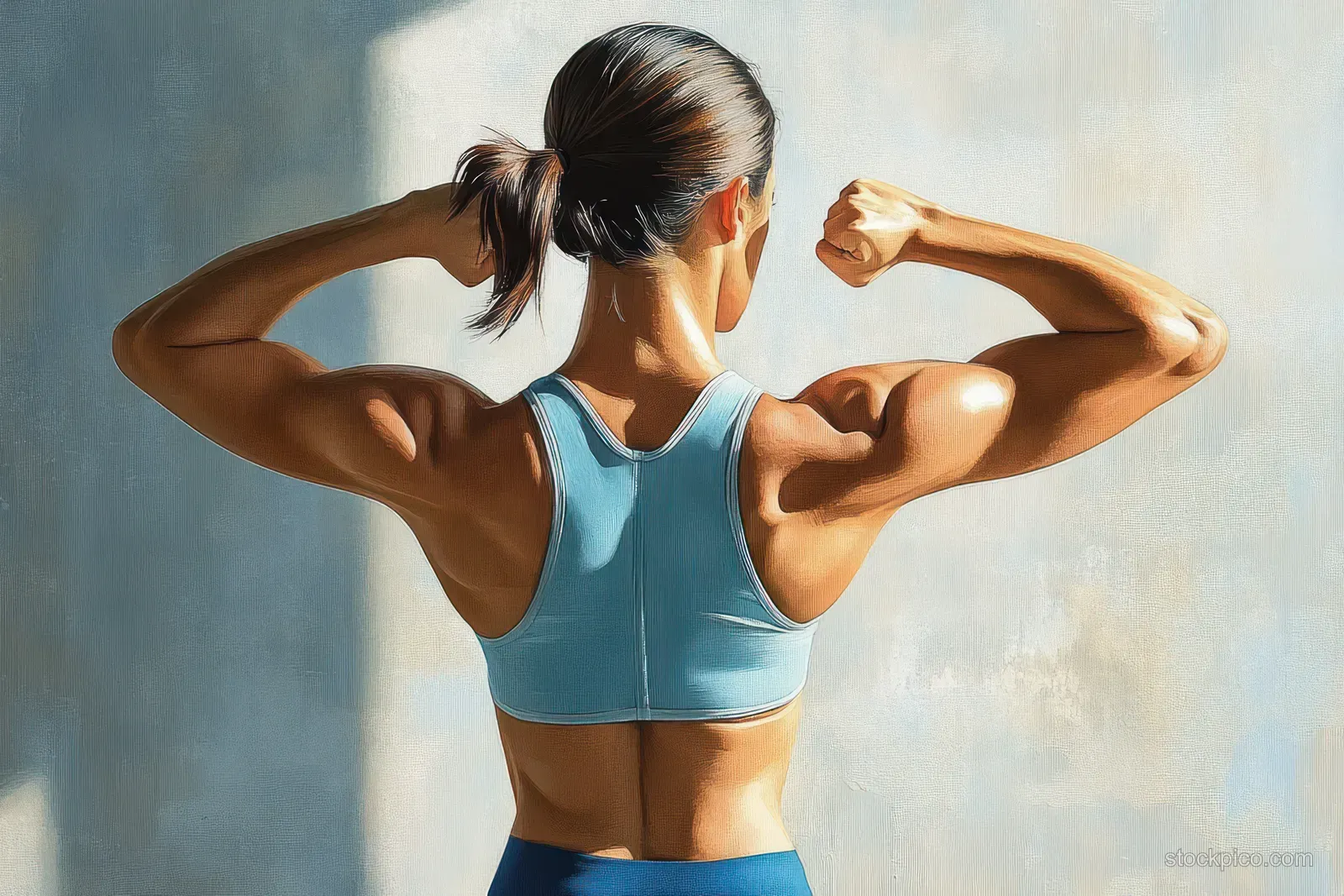 Muscular woman flexes her biceps from a back view in a blue sports bra against a soft textured light background.