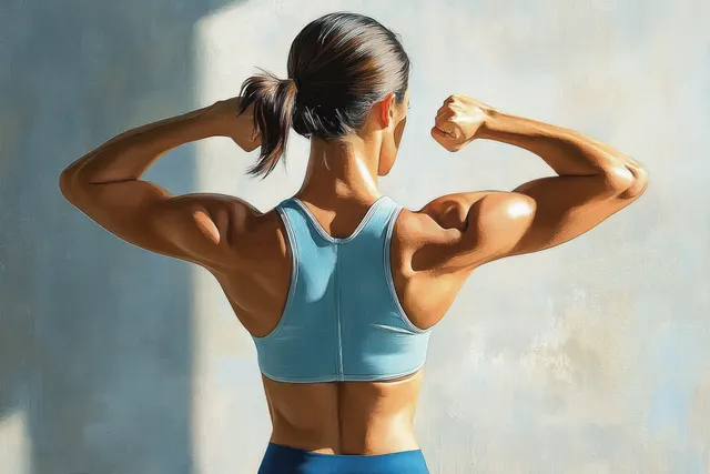 Muscular woman flexes her biceps from a back view in a blue sports bra against a soft textured light background.
