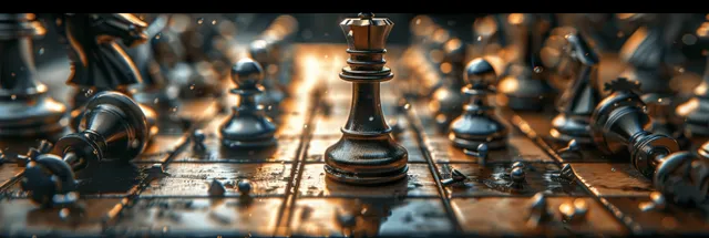 Chess pieces are scattered across a board mid-game with a toppled rook and dramatic shadowed lighting.