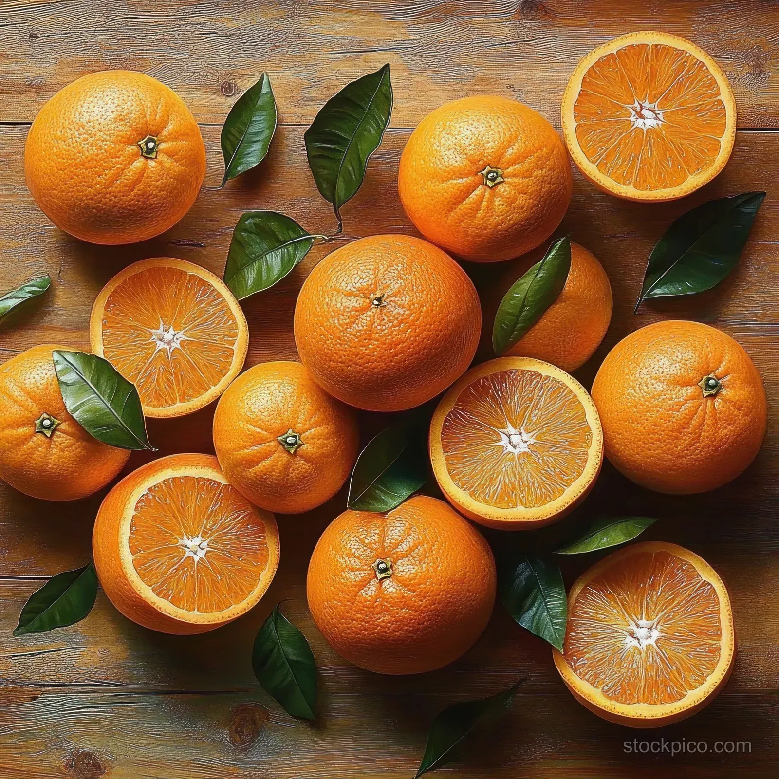 Whole and halved oranges with green leaves scattered on a rustic wooden table in natural light.
