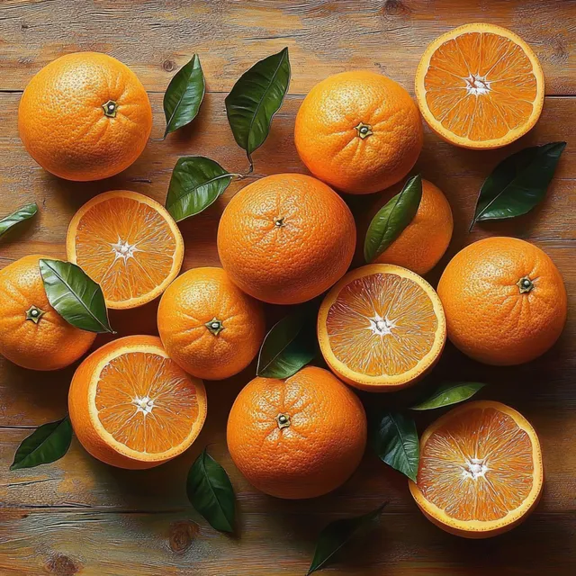 Whole and halved oranges with green leaves scattered on a rustic wooden table in natural light.
