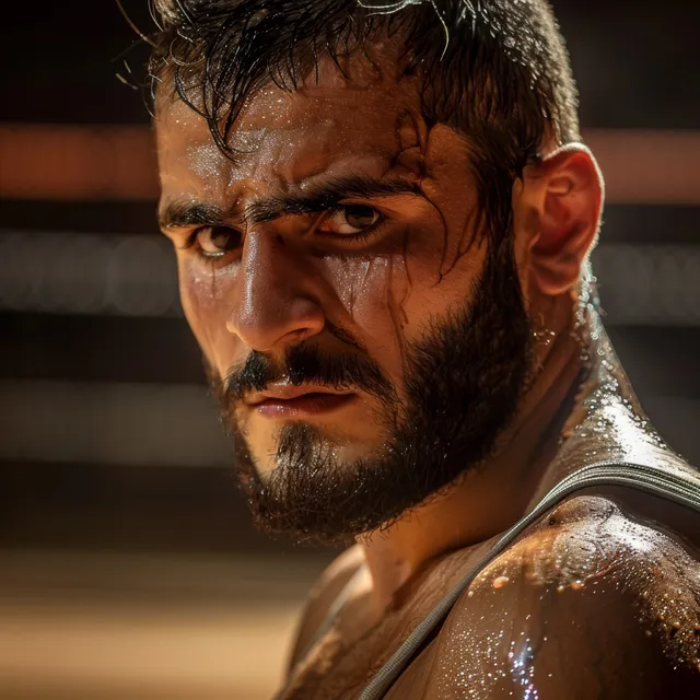 A Turkish Greco-Roman wrestler with sweat on his face stands in a focused pose on a wrestling mat.