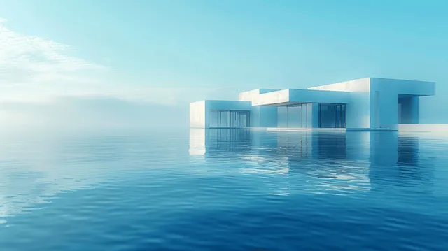 Minimalist white cube architecture reflecting in blue water under clear sky