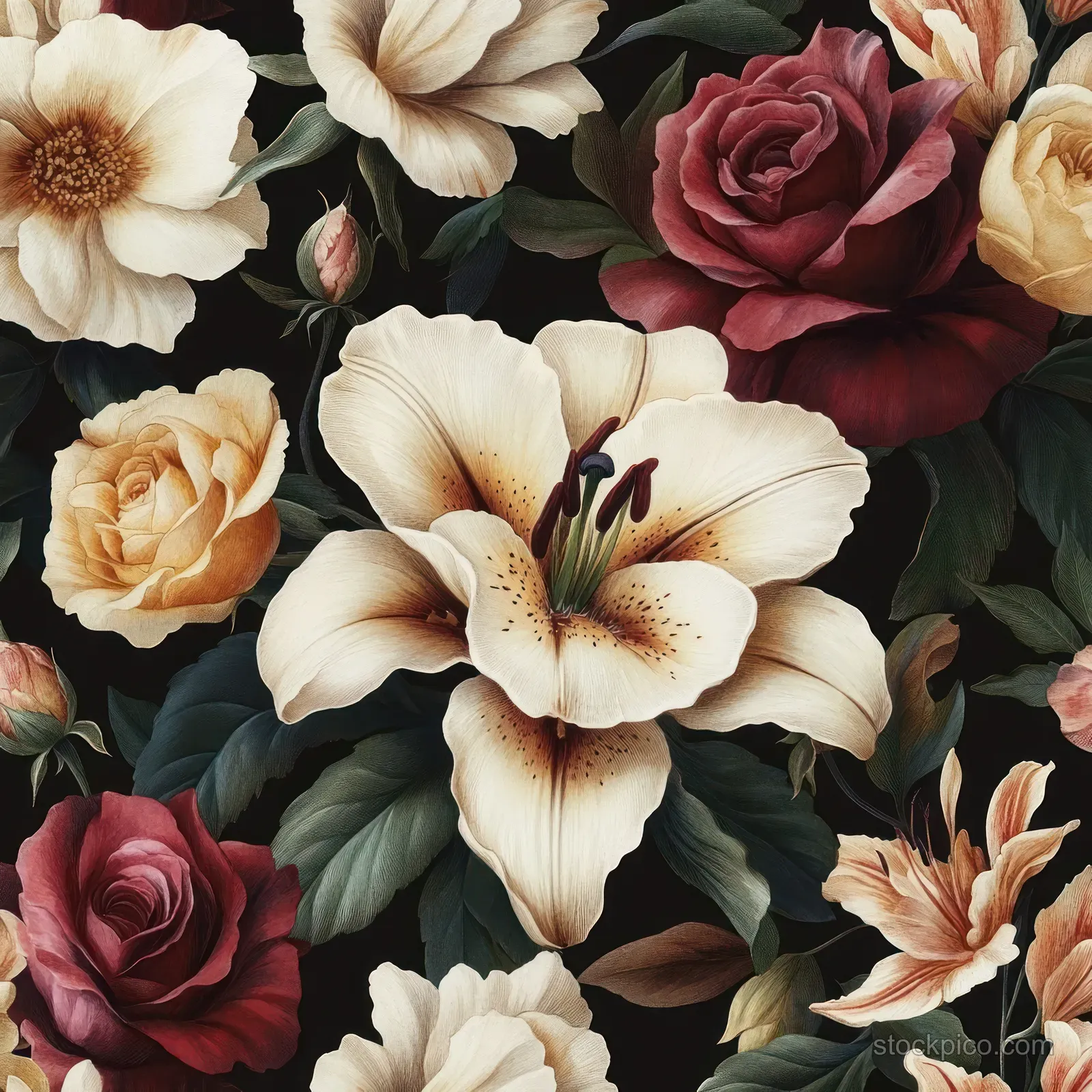 Seamless vintage floral pattern of roses, lilies, and peonies with dark green leaves and warm muted colors.