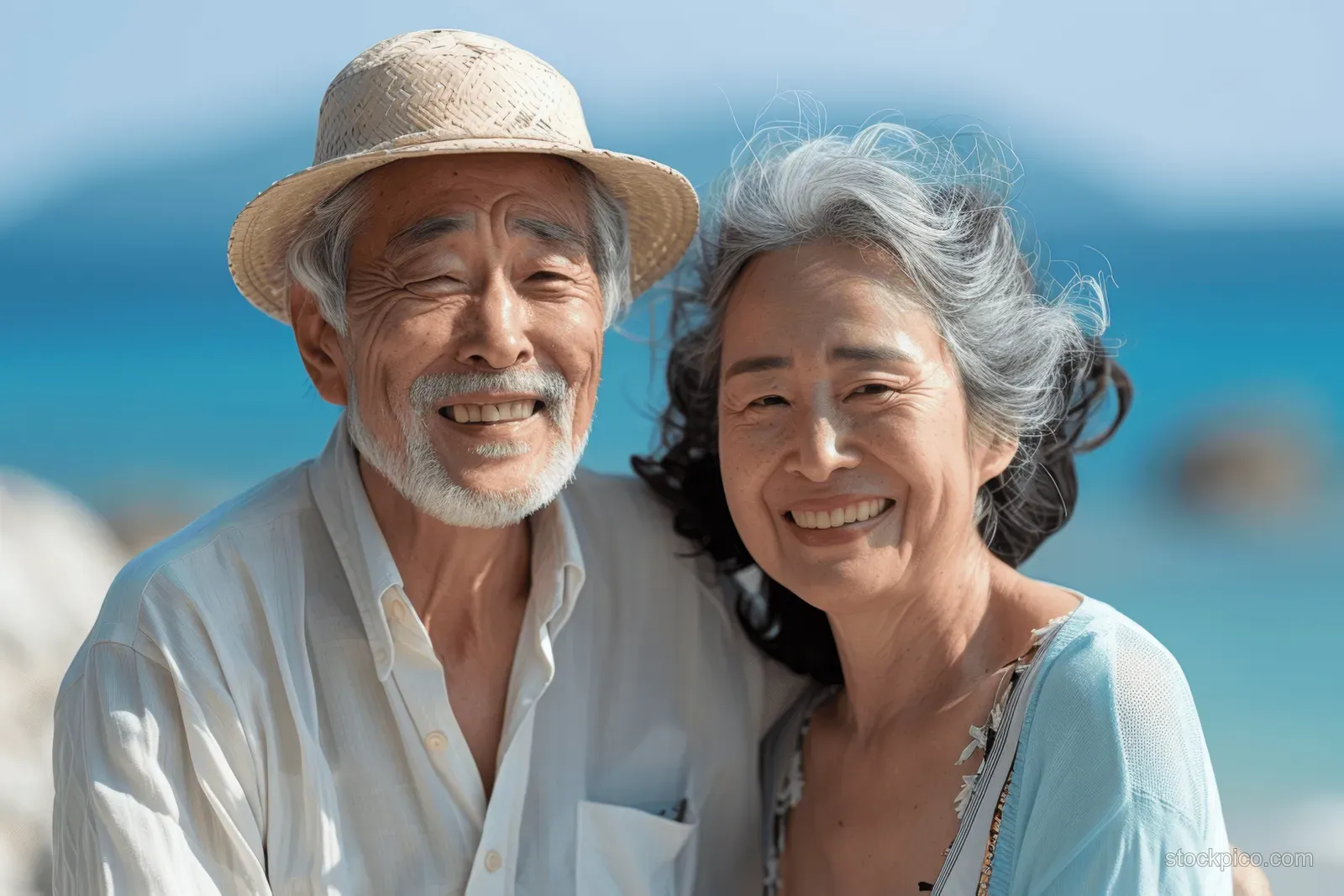 An elderly Asian couple smiles while cuddling on a sunny beach with blue ocean in the background.
