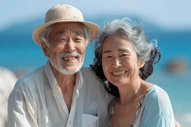 An elderly Asian couple smiles while cuddling on a sunny beach with blue ocean in the background.