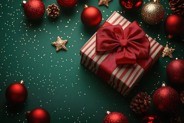 Striped red gift box with a large red bow surrounded by red baubles, pine cones, gold stars, and confetti on green.