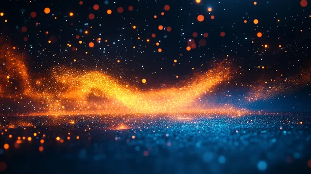 Glowing orange and blue particles swirl through dark space, forming a luminous cosmic wave