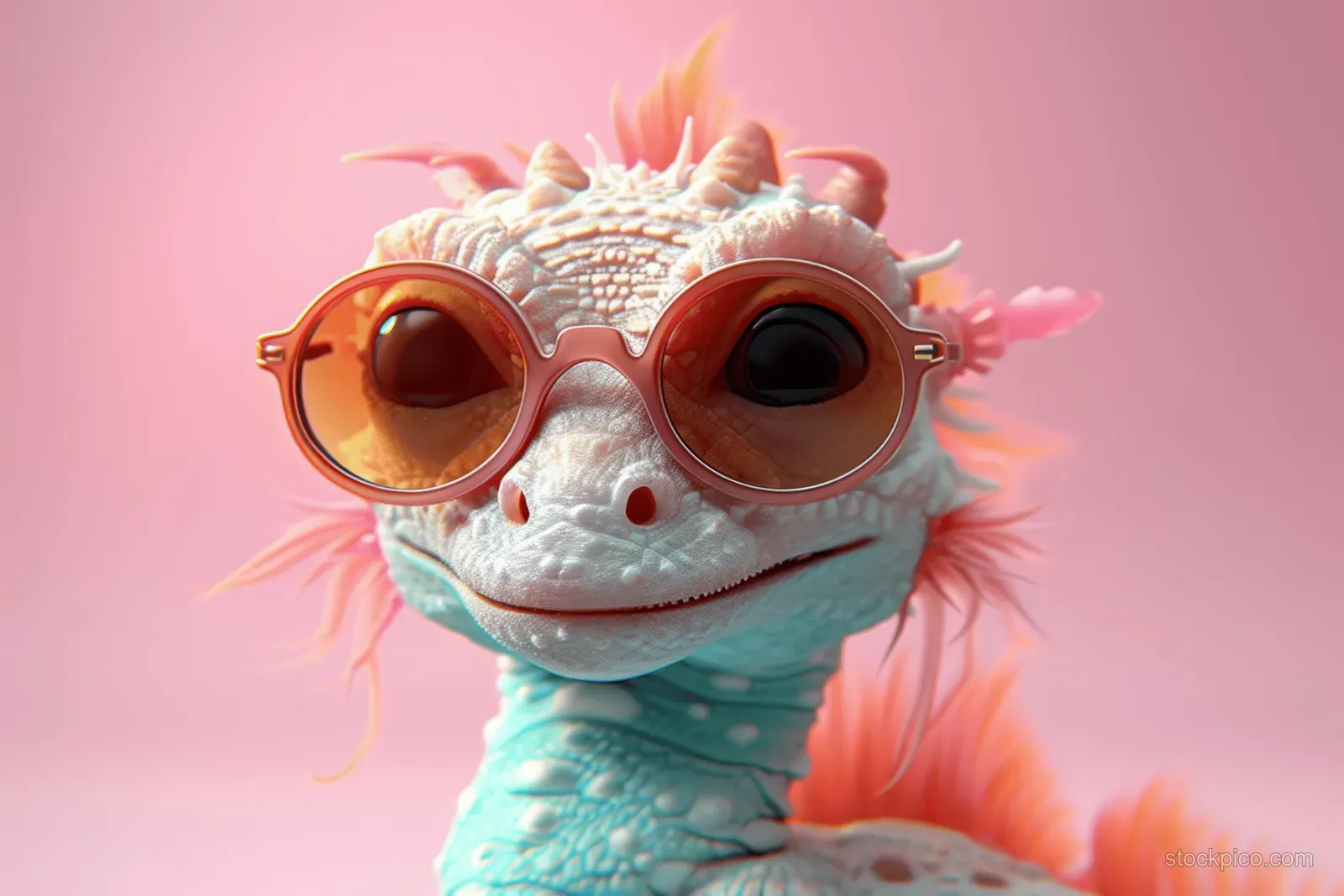 A cute cartoon sea dragon with fluffy pastel fins and oversized sunglasses sits against a soft pink gradient background.