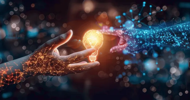 Fingers touching a glowing lightbulb symbol through digital network bubbles