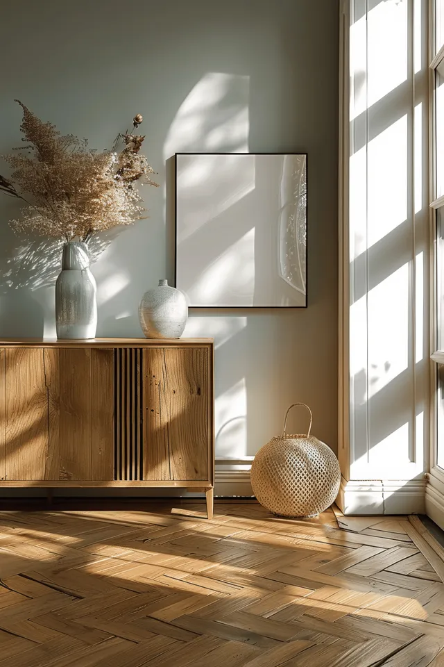 Minimalist living room interior with poster frame mockup, sunlit wooden floor and window shadows with Neutral Color Palette