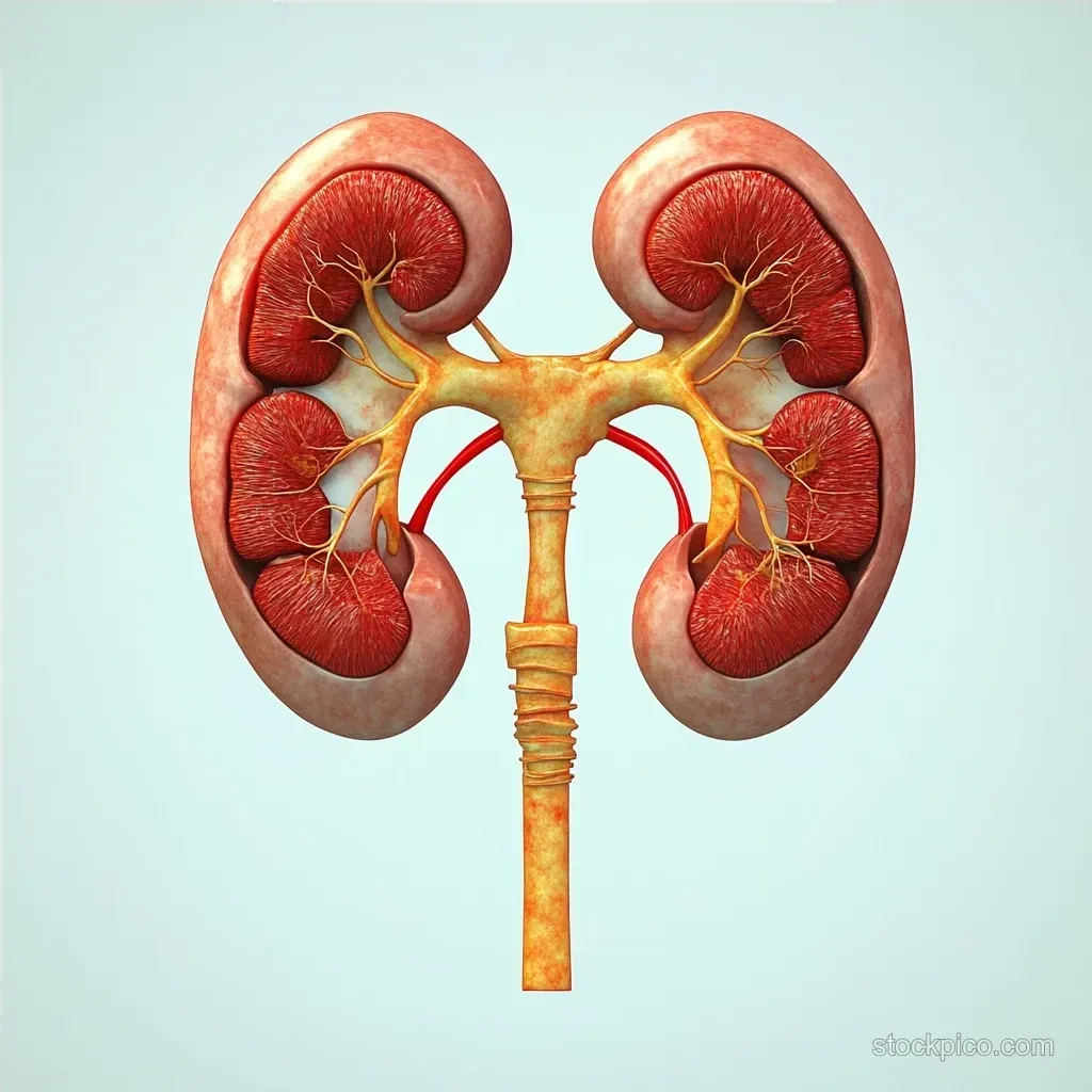 An anatomical kidney diagram displays renal arteries and veins with ureters on a light background.