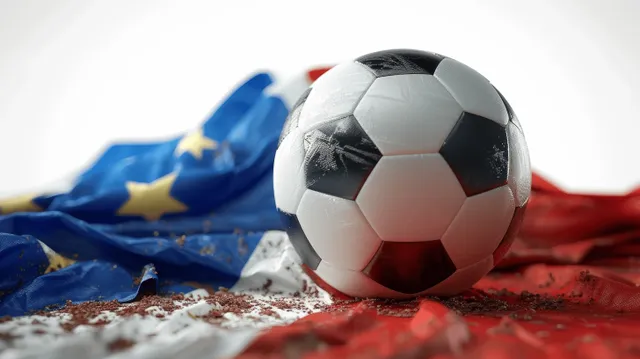 Soccer ball resting on French flag fabric, waving folds against white backdrop