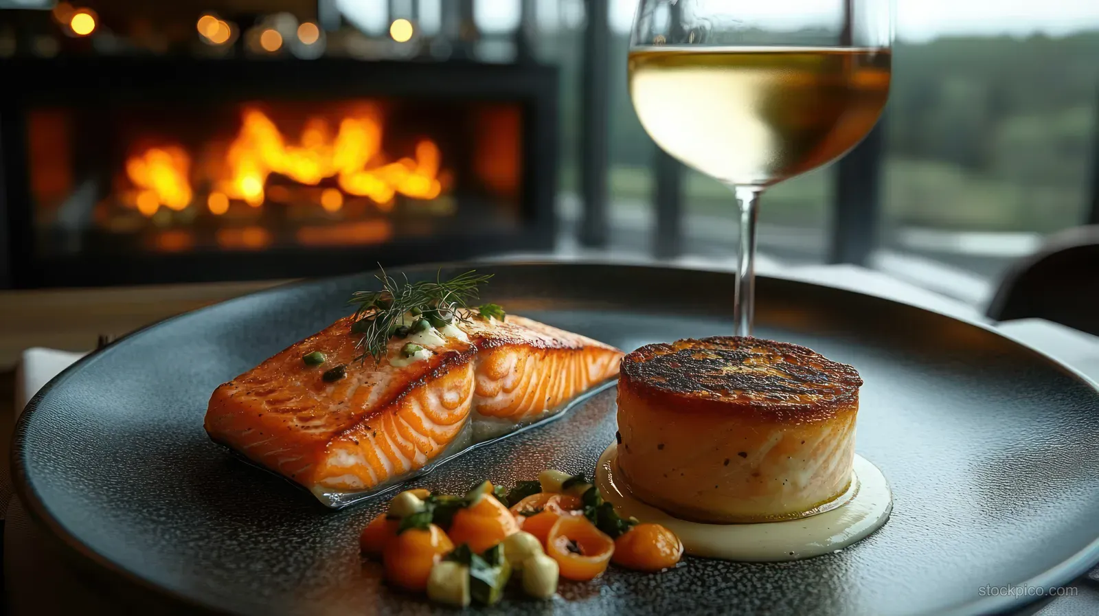 Seared salmon and roasted potato on a black plate beside a glass of white wine with a warm fireplace behind.