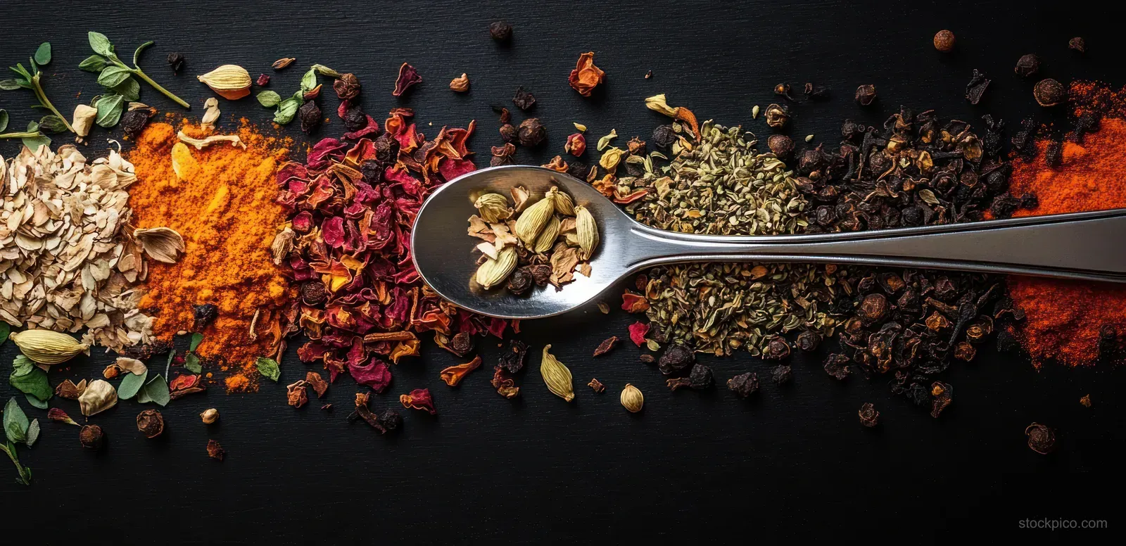 Overhead close-up of dried spices and herbs on a dark surface, centered on a silver spoon with cardamom pods.