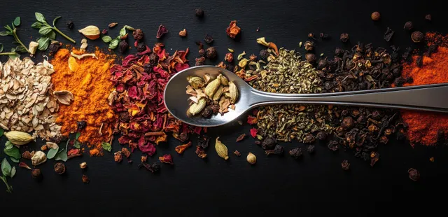 Overhead close-up of dried spices and herbs on a dark surface, centered on a silver spoon with cardamom pods.