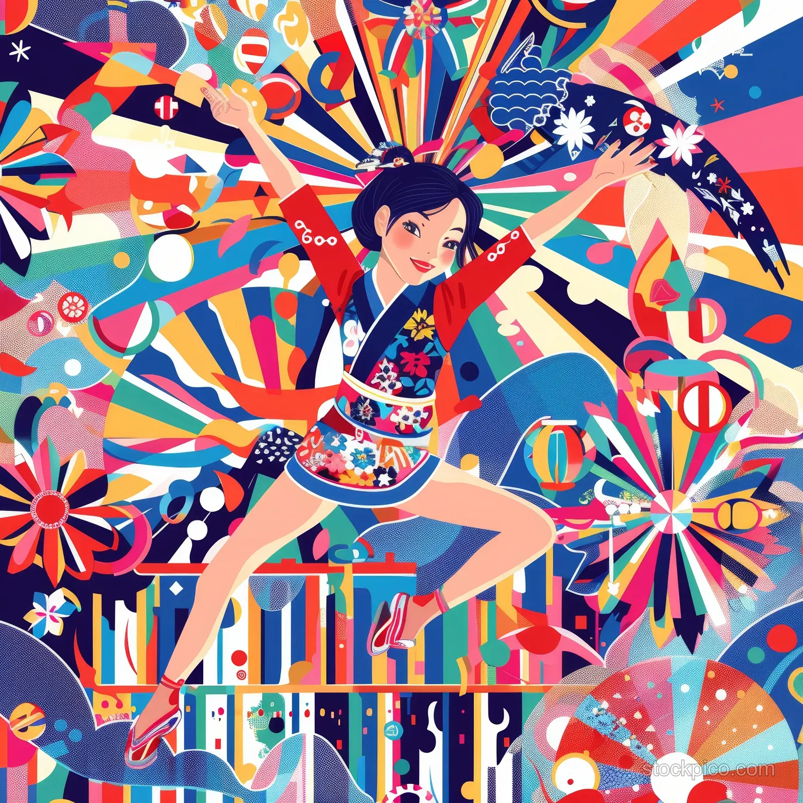 A colorful cartoon Japanese gymnast leaps on a balance beam with confetti and fireworks behind her.