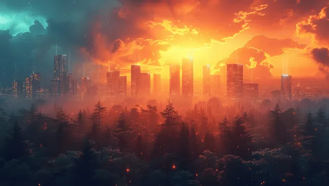 A futuristic city skyline at sunset with glowing solar panels and faint data overlays above a forest silhouette.