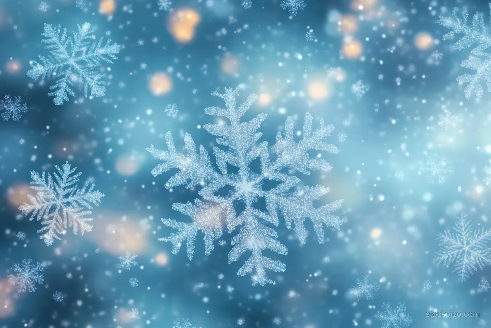 Pastel blue background with layered snowflakes and soft glowing bokeh lights.