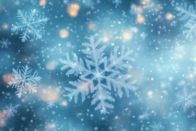 Pastel blue background with layered snowflakes and soft glowing bokeh lights.