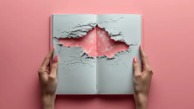 Hands with pink nail polish hold an open book with a torn hole showing a bright pink background.