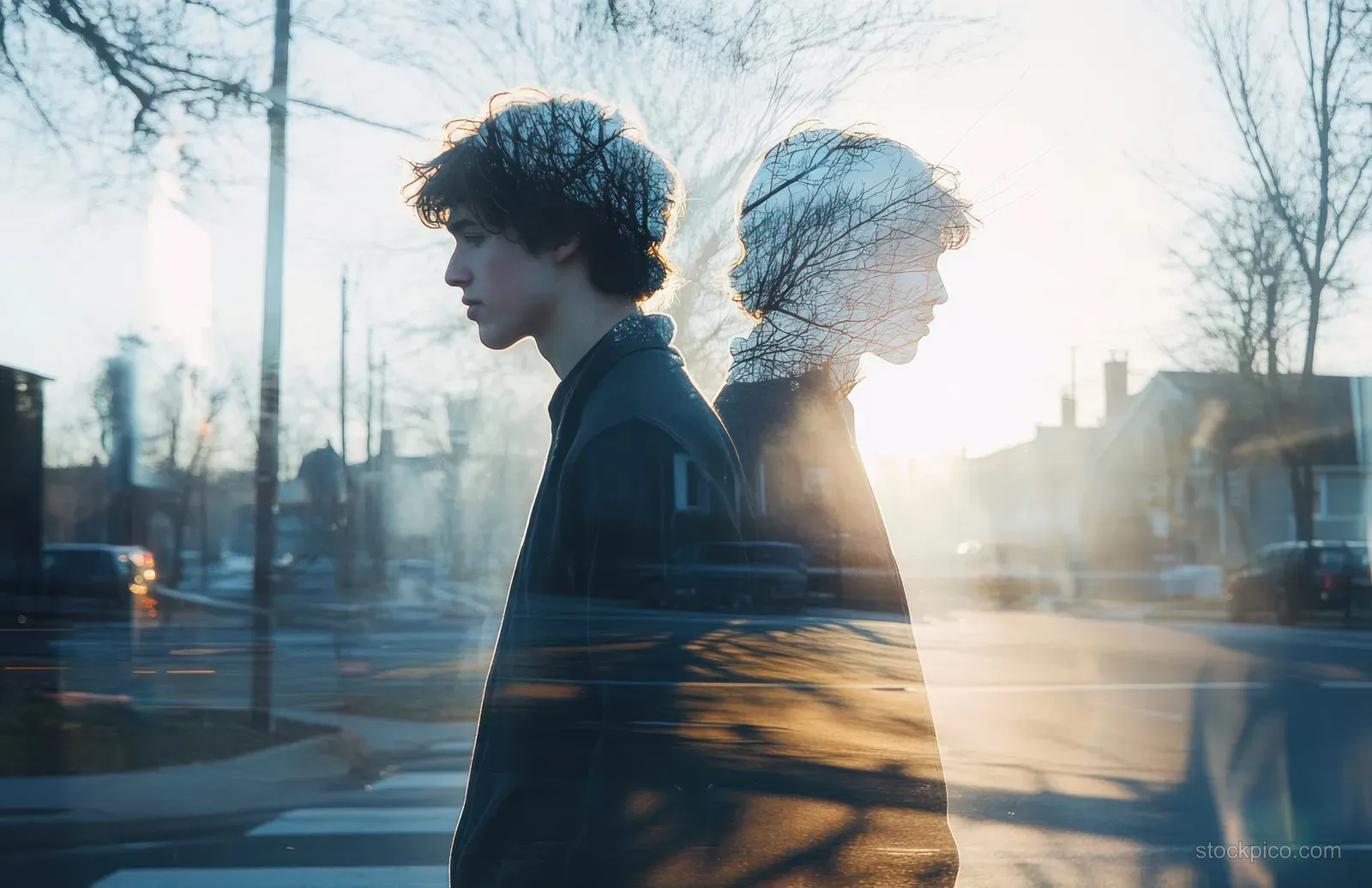 A young man in profile on an empty city street, with bare trees and double exposure blending into his silhouette.