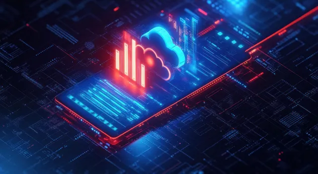 Futuristic isometric data flow with neon cloud icons, holographic bars, and glowing network grid