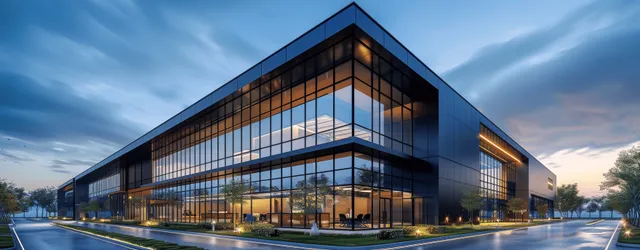 Industrial office building with black cladding and glass facade at dusk, with a lit parking lot in front.
