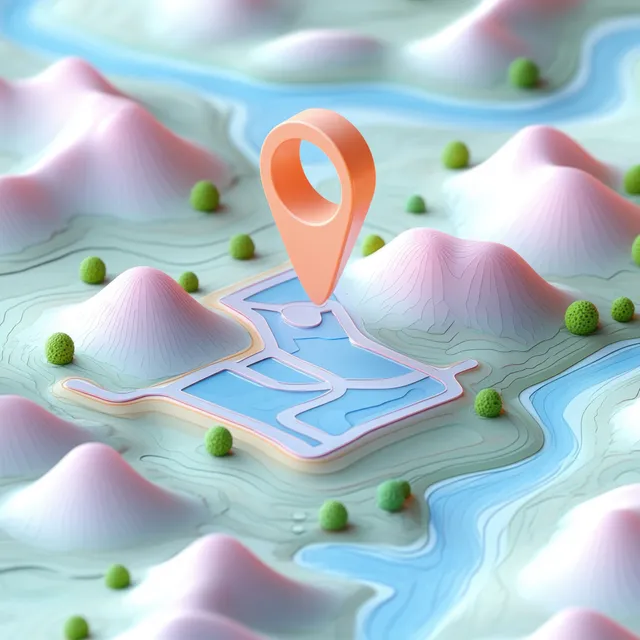 3D topographic map with rivers, contour hills, green trees, and a large glowing location pin marking a spot.