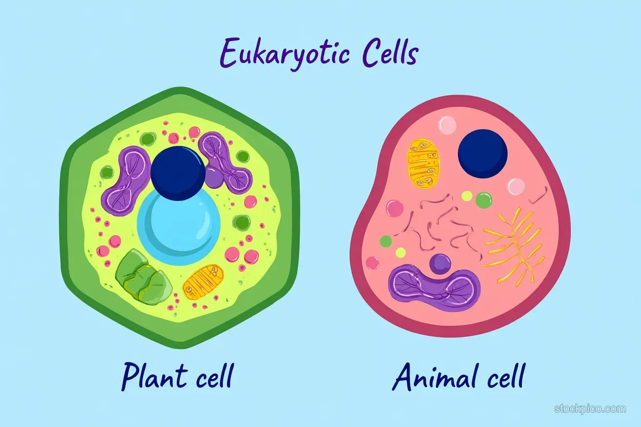 Two eukaryotic cell diagrams, plant and animal, display organelles like nucleus, chloroplasts, and mitochondria on a blue background.