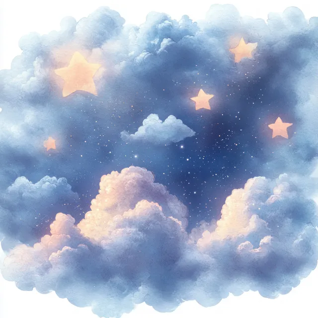 水彩云朵铺满梦幻夜空，其上散落着发光的桃色星形。