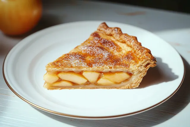 A golden apple pie slice with visible filling on a white plate in soft natural light.