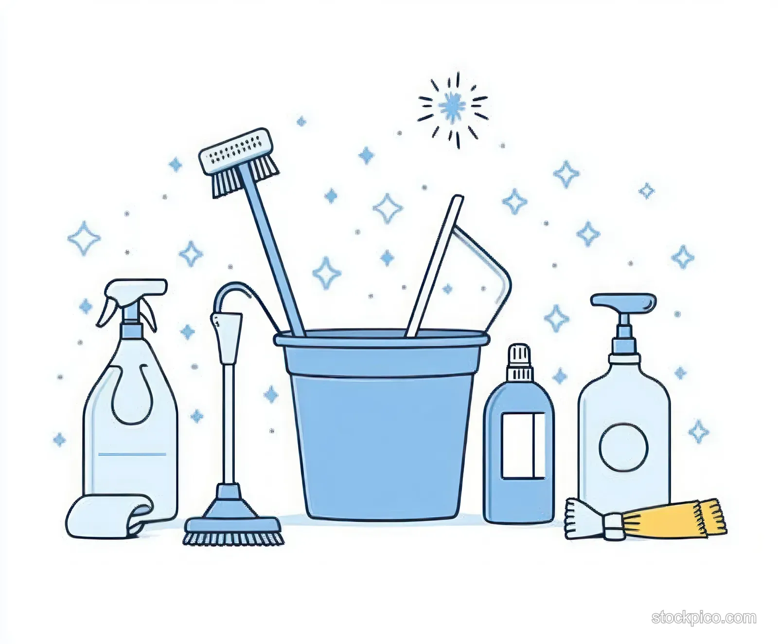 Cleaning supplies and spray bottles arranged around a blue bucket with sparkle icons on a white background.