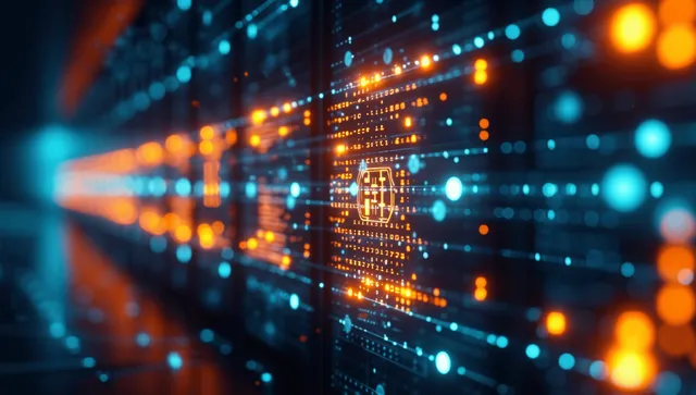 Glowing network connections and faint document icons float above illuminated server equipment in a data center.