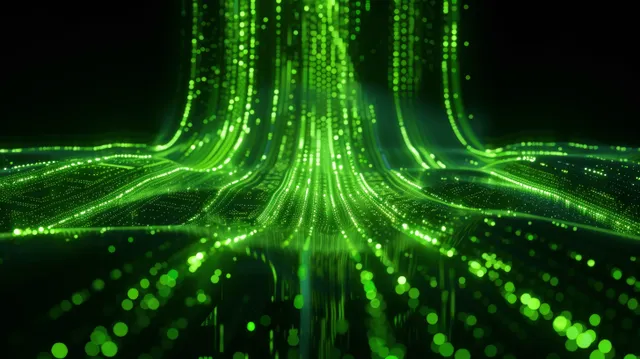 Glowing green data trails converge into a central stream on a dark futuristic grid
