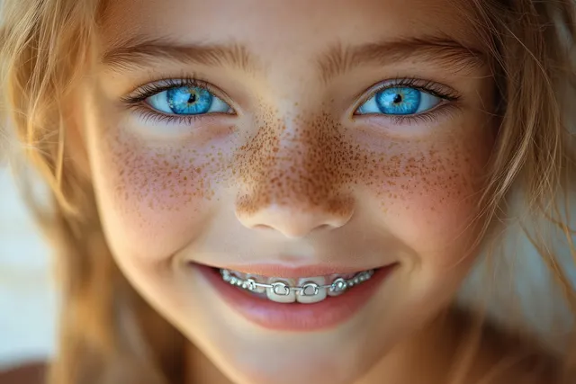 Smiling child with bright blue eyes, freckles, and dental braces in a natural-light close-up portrait.