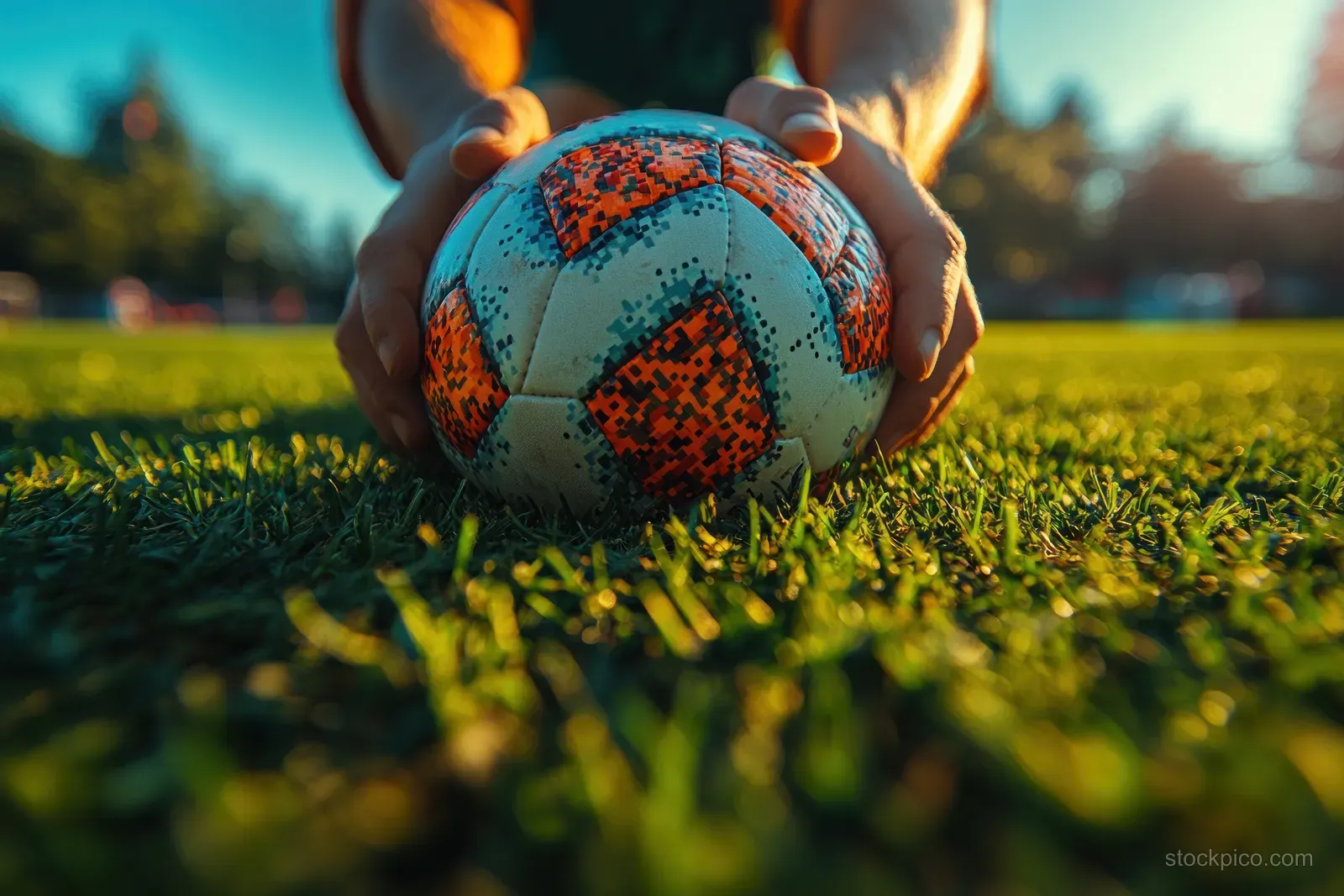 Close-up soccer ball on stadium grass with colorful country flags for UEFA Euro 2025 Germany.