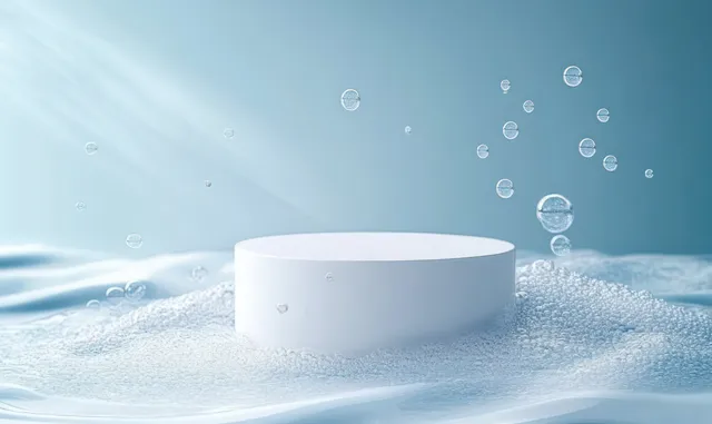 White circular pedestal surrounded by floating water bubbles under soft blue light beams.
