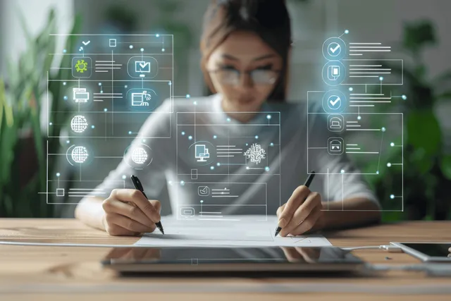 Businesswoman signs documents at desk, AI approval checklist overlays on tablet screen