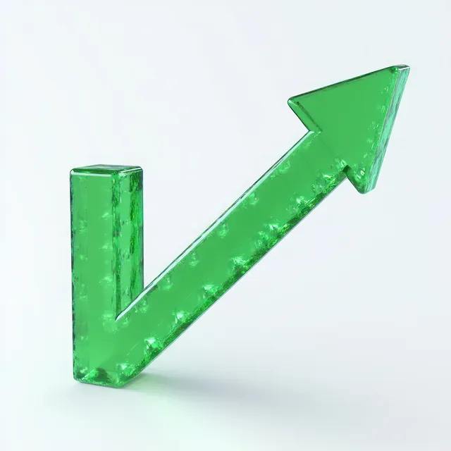 Transparent green 3D upward arrow icon with glossy highlights on a plain white background.