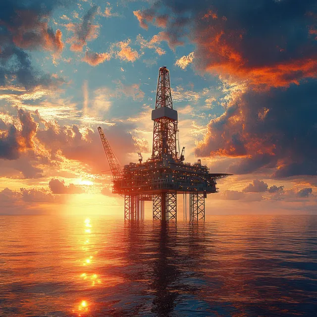 Offshore oil rig silhouetted at sunset with orange clouds reflected across calm ocean water